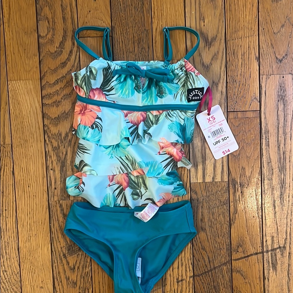 Justice Teal Bikini with Tropical Print and Adjustable Straps